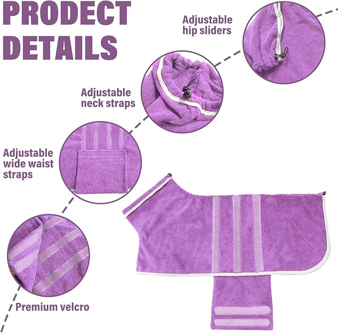 HhiMyOct Dog Robe - Fast Drying Towel - Microfiber Super Absorbent Pet Bathrobe, Adjustable Collar & Belly Strap (Purple, XX-Large)