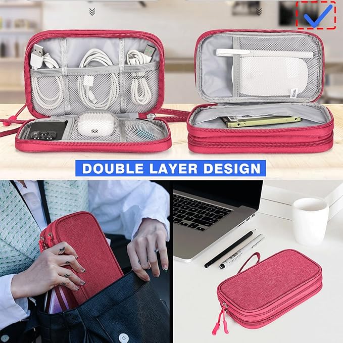 CAAORDKSO Small Cable Organizer Bag, Charger Organizer Case Pouch Travel Bag, Waterproof Electronics Accessories Case for USB, Cable, Cord, Charger, Phone, Power Bank, Earphone (Rose Red, Medium)