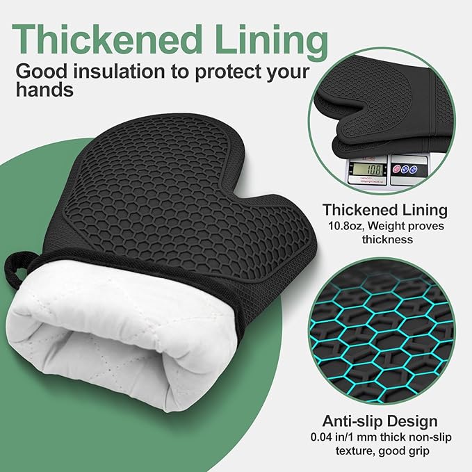 Silicone Oven Mitts Heat Resistant to 500ºF Kitchen Gloves Oven Gloves Silicone Oven Mitt Pair Oven Mitts Set Thickened Waterproof Mittens for Women Men Kitchen Home, 1 Pair (Black)