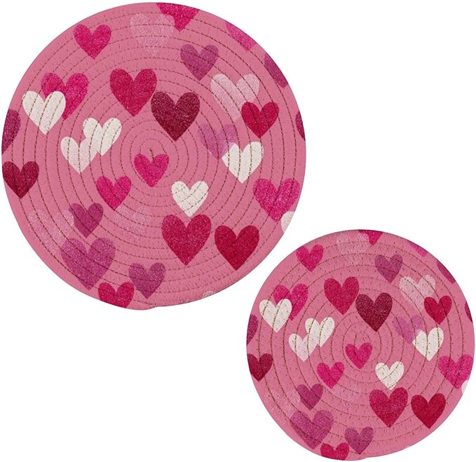 Valentine's Day Pink Hearts Trivet Mat 2PCS Round Woven Potholders Kitchen Table Countertop Protector Hot Pads Farmhouse Coasters Counter Mats for Cooking Baking