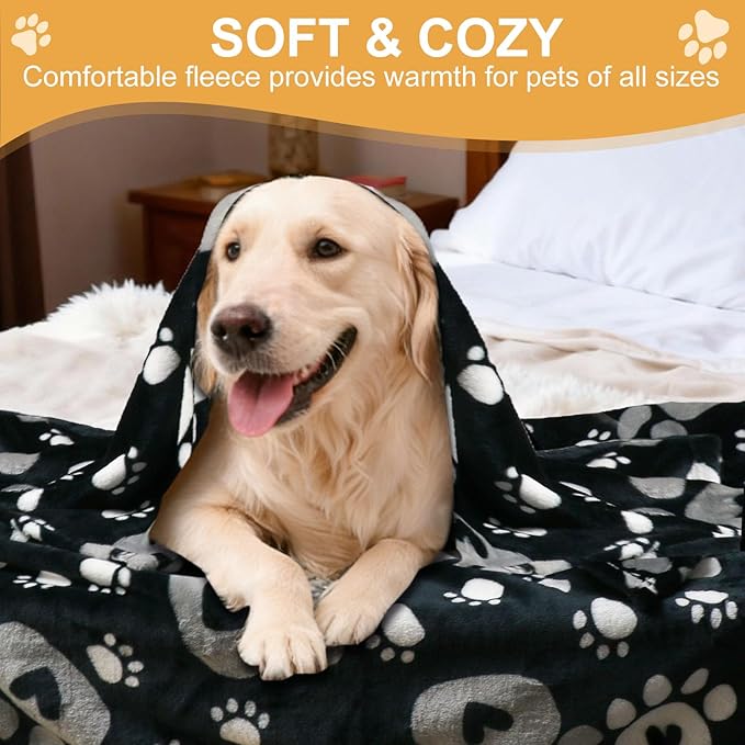 Gowyeg Dog Blanket, Soft Fleece Dog Blankets for Small Medium Dogs, Fluffy Flannel Pet Cat Puppy Blanket Mat Cover for Bed Couch, Cute Paw Print Throw Blanket for Dogs, Black, 40"X30"