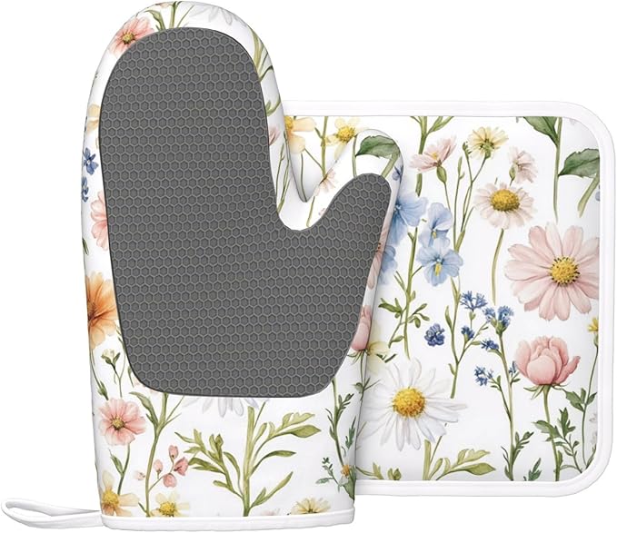 Oven Mitts and Potholders Colorful Flowers Silicone Glove Heat Resistant, Kitchen Gloves for Cooking, 2-Piece Set
