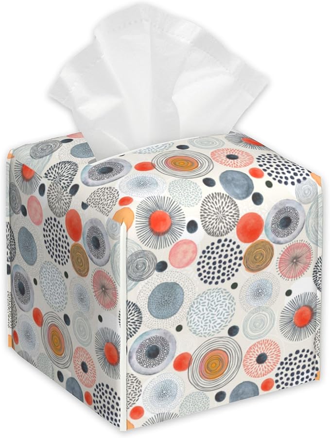 Multicolor Circles Tissue Box Holder,Cube Tissue Box Cover Holder,Leather Facial Paper Organizer Dispenser Home for Bedroom Night Stands,Kitchen,Office and Car,5.2"×5.2"×5.2"