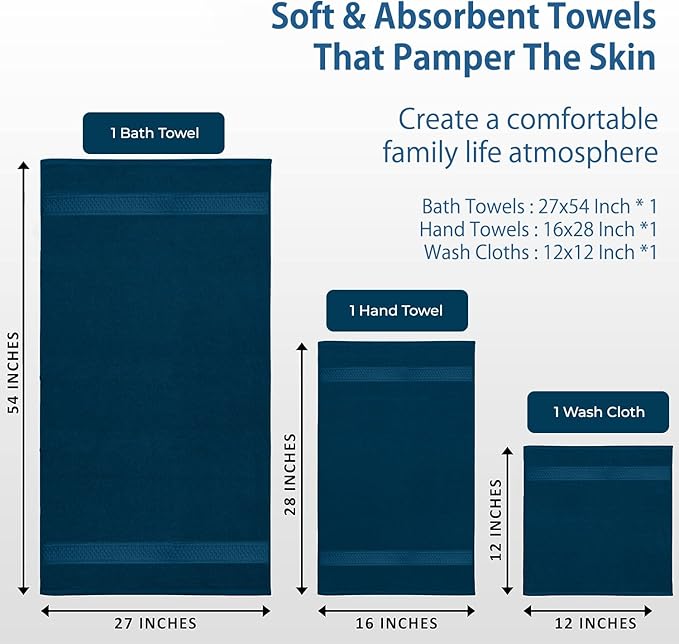 DAN RIVER 100% Ring Spun Cotton 3-Piece Towel Set, Blue Opal, Bath Towel, Hand Towel and Washcloths, 550 GSM - Soft, Absorbent Quick Dry Cotton Towels for Bathroom, Spa, and Gym