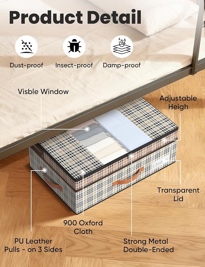 TOSKING Under Bed Storage with Wheels 2 Pack, Adjustable Height 7.9"-10.2", 6 Vacuum Bags, 900D Oxford Rolling Underbed Bins, Heavy Duty Drawer Organizer, Organizer for Clothes, Shoes, Houndstooth