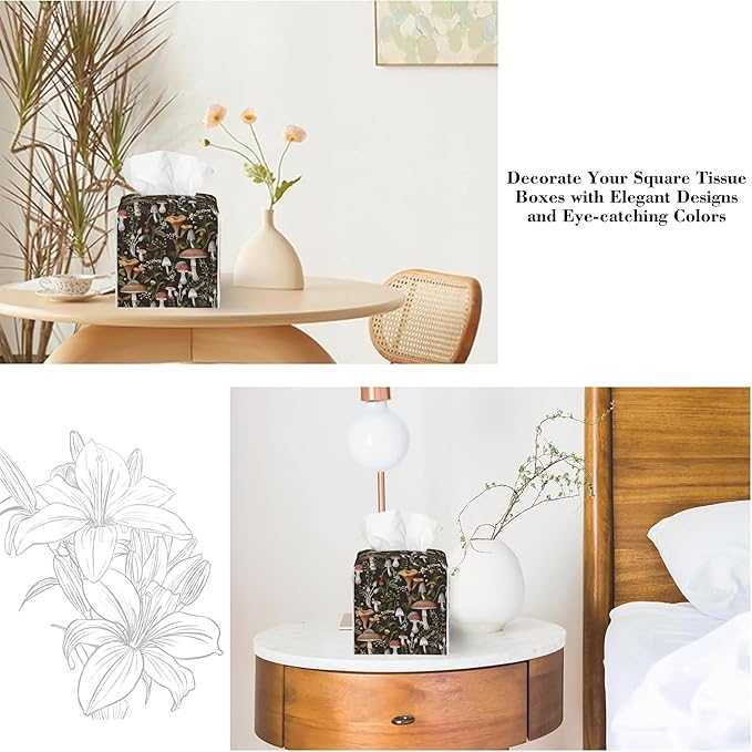 Autumn Mushroom Tissue Box Cover,Mushrooms and Field Plants Waterproof Leather Square Tissue Box Cover Case Facial Paper Organizer Dispenser Box Holder for Home Office Bathroom Vanity Countertop