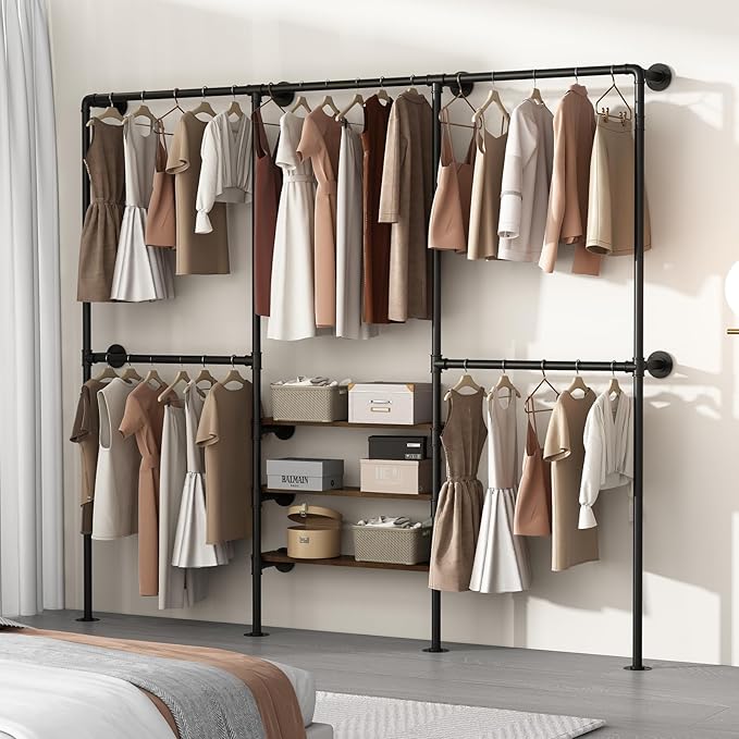 KAILNKISS Industrial Pipe Clothing Rack, Wall Mounted Clothes Rack, Heavy Duty Closet Organizers Wardrobe Multi-Purpose Storage Clothes Hanging Shelf-94.5''L Black