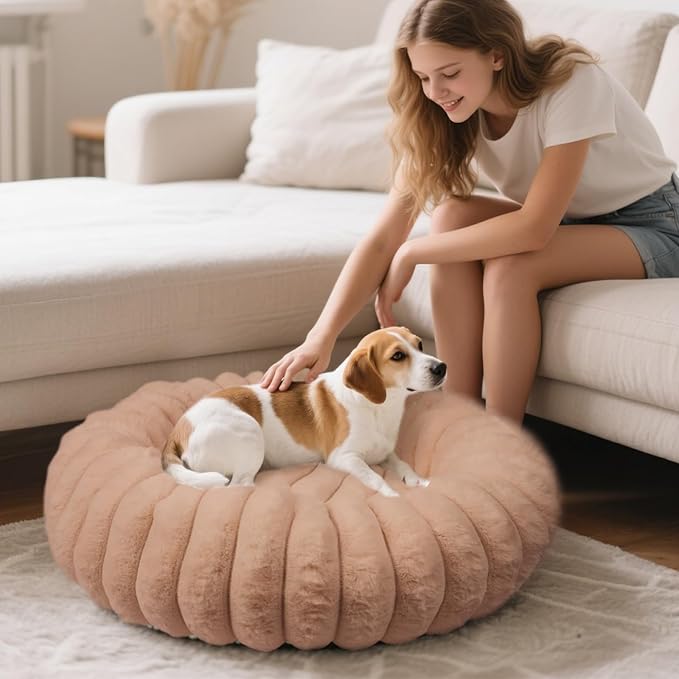 Vhen When Donut Dog and Cat Bed, Luxurious Comfortable Faux Rabbit Fur Pet Beds, Round Anti-Anxiety Calming Puppy Kitten Bed with Anti-Slip Bottom for Small Medium Dogs & Cats(23", Brown)