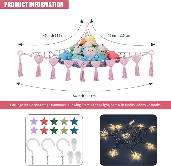 iHansee Stuffed Animal Hammock Corner, 56 Inch Jumbo Macrame Ceiling Toys Net, Pink Wall Hanging Organizer Holder Plush Storage Display Net Mesh with LED Lights for Nursery Playroom Kid Room Decor