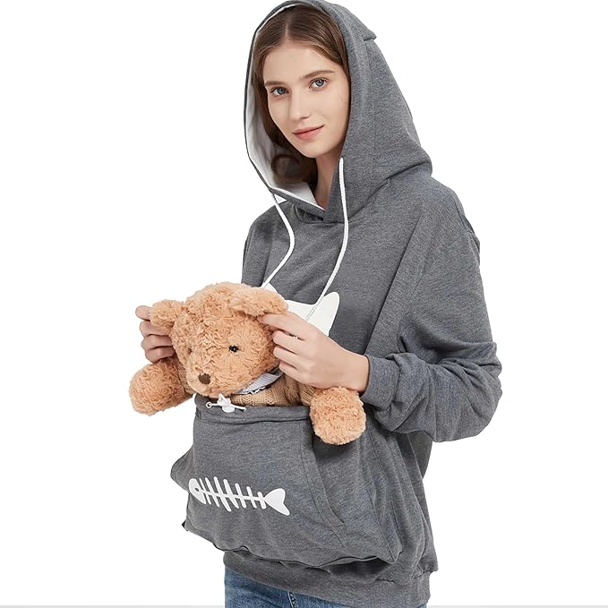 Gets Pet Cat Dog Pouch Hoodie Kitten Puppy Holder Carrier Pullover Long Sleeve Kangaroo Pocket Hoodie Unisex (Dark Grey,L)