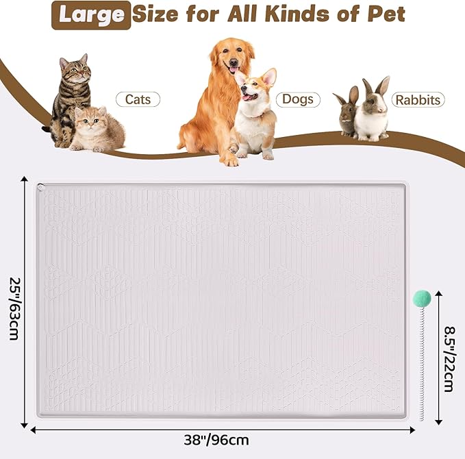 Bartuke Cat Food Mat with Toy Ball, 38'' x 25'' Extra Large Silicone Pet Feeding Mat with Raised Edge Pet Placemat for Food and Water Bowl Non-Slip, Easy to Clean, Floor Protection (White)