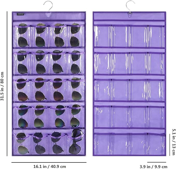ANZORG Dual Sided Hanging Sunglasses Organizer Storage Wall Mounted Eyeglasses Holder Eyewear Display Case with 40 Clear Slots (40 Pockets-Purple)