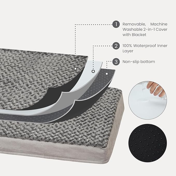 GOHOO PET Orthopedic Memory Foam Bed for Large Dogs, Waterproof Cooling Pet Mats for Crate with Removable Washable Cover,Ideal for Arthritic Dogs (X-Large-41"x 29" x 4", Rose Plush+Blanket)