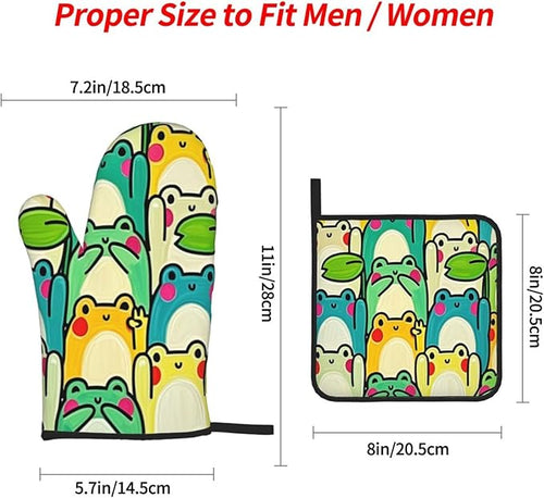 4 Pieces Flowers Oven Mitts and Pot Holder Set Floral Oven Gloves and Hot Pads Pot Holders for Farmhouse Kitchen Accessories and Decoration (Frog)