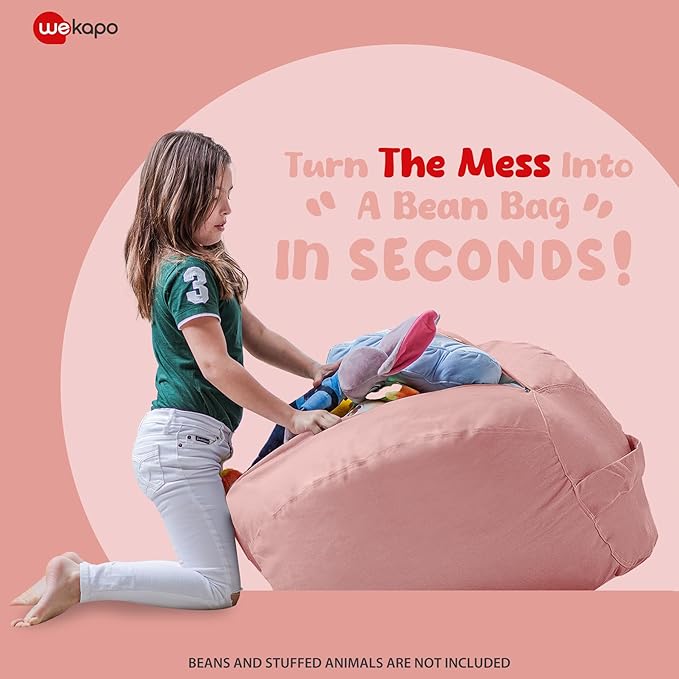 WEKAPO Stuffed Animal Storage Bean Bag Chair Cover for Kids | Stuffable Zipper Beanbag for Organizing Children Plush Toys Large Premium Cotton Canvas (Solid Pink, X-Large)