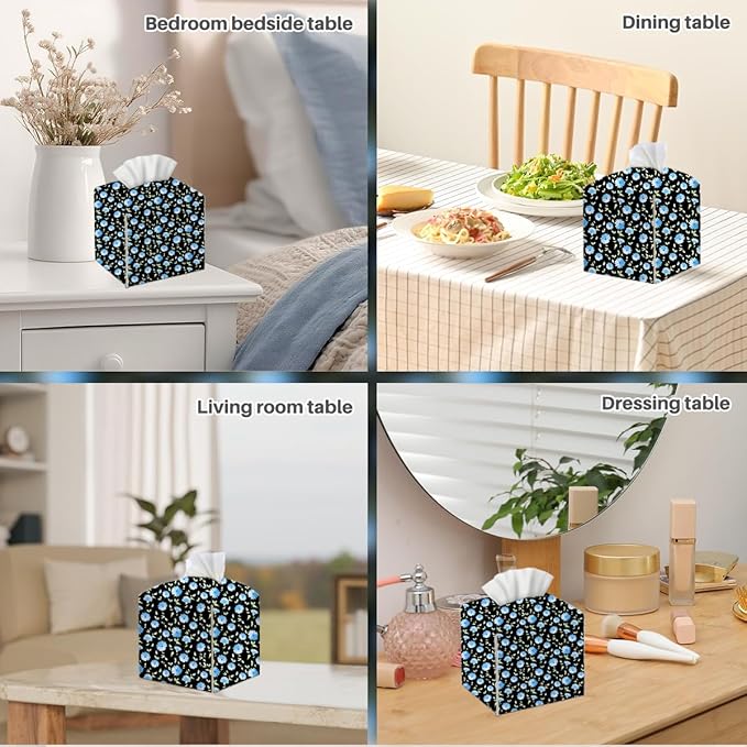 Tissue Box Cover, Tissue Box Holder, Square with Belt Bottom, PU Leather Decorative Organizer for Desk, Tabletop, Countertop Bathroom, Toilet Car, Office, Dresser Bedside, Aesthetic Blue Flower Decor