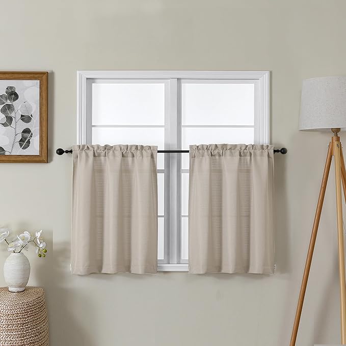 Lecloud Bessie Khaki Short Curtains 24 Inch Length 2 Pcs, Faux Linen Cafe Kitchen Small Curtains with Rod Pocket, Light Filtering Curtain Tiers Window Treatments for Bedroom Bathroom, Each 30 W x 24 L