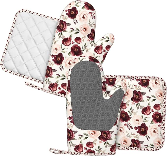 Oven Mitts Pot Holders Set Rose Flower Watercolor Floral Silicone Kitchen Gloves Potholders Heat Resistant for Chef Baking Cooking Grilling BBQ 4 Pack Mitt