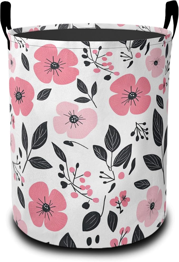 Laundry Basket, Pink Flowers Oxford Cloth Laundry Hamper With Handle Foldable Portable Clothes Storage Basket Storage Bag For Laundry Room/Bathroom/Bedroom/Dormitories