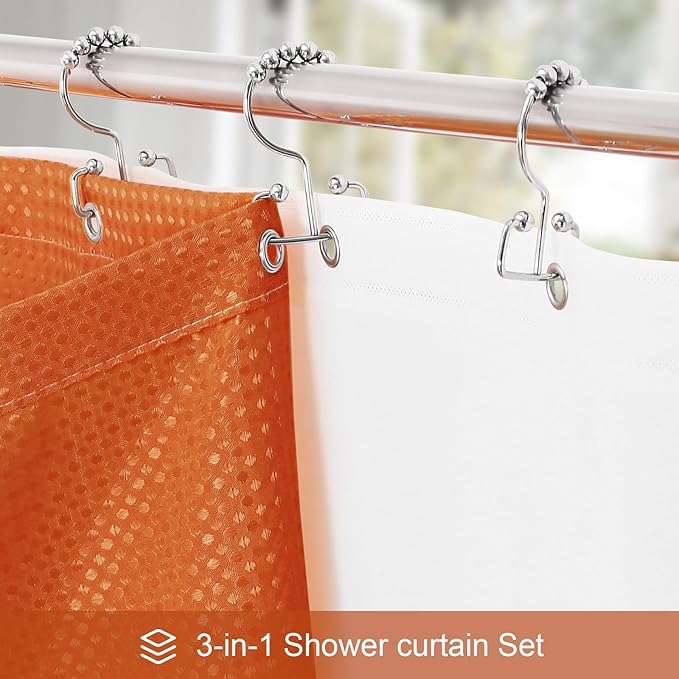 Craidlela 3 in 1 Long Burnt Orange Shower Curtain Set-72 W x 78 H, Modern Waffle and PEVA Liner Set with 12 Stainless Steel Hooks, Waterproof Fabric for Bathroom