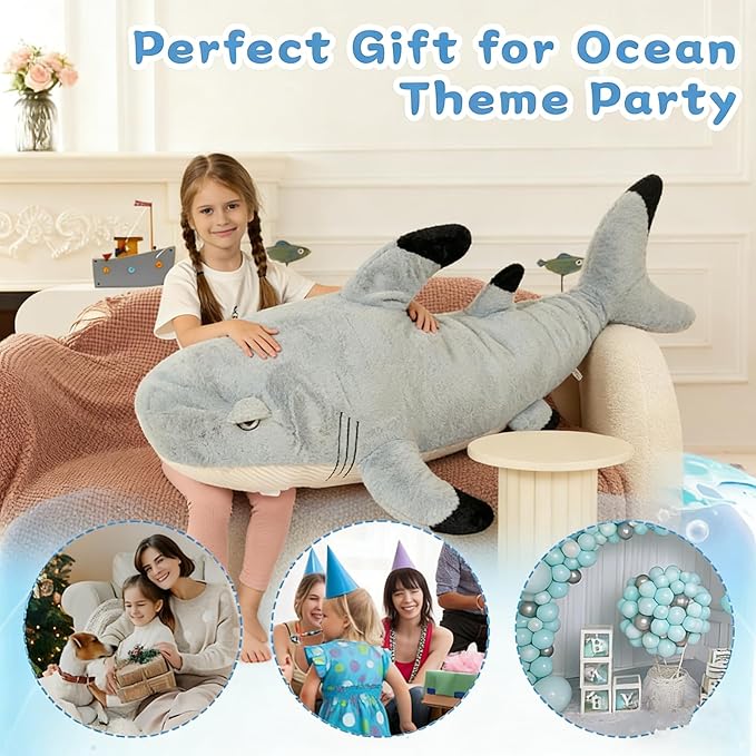Tezituor 32inches Shark Stuffed Animals, 2.6ft Large Gray Stuffed Shark Plush Body Pillow for Girls Boys, Realistic Ocean Plush Toy Birthday Valentine's Day Decora Gift for Adults