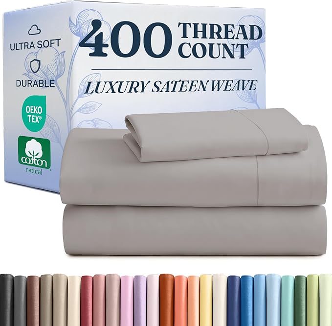 400 Thread Count Cotton Sheet Set - Twin Size 100% Cotton Sheets - Easily Fits 8" to 16" Mattress - Silky-Soft, Wrinkle Free, Breathable & Comfy - Deep Pockets & Hotel Quality Bedding Set - Light Grey