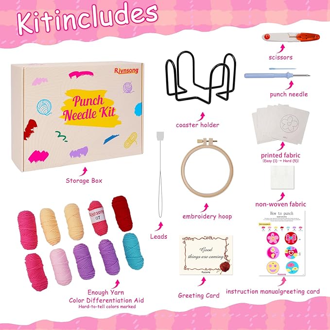 Rivnsong Punch Needle Kit for Beginners – Make 6 Life-Inspired Coasters with Hoop, Premium Monk’s Cloth & 10+ Yarn Colors | Includes Video Tutorial | Relaxing DIY Gift for Adults & Kids 8+