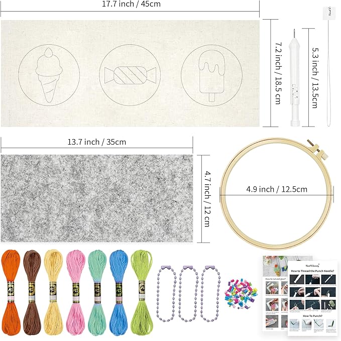 HAND U JOURNEY 3Pcs Embroidery Punch Needle Bachpack Charm Kit, Original Design with 2.2mm Punch Tool, Threads and Hoop. Random Color Chain (Icecream)