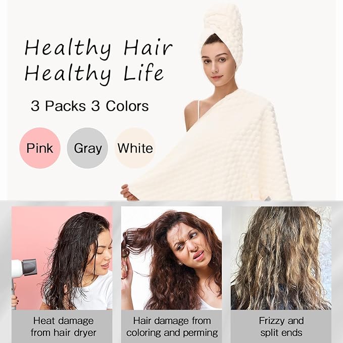 3 Pack Large Microfiber Hair Towels for Women , Super Absorbent Quick Dry Hair Wraps, 41x23 Inches with Elastic Strap, Anti-Frizz Hair Turban for Curly, Long , Thick Hair (Pink + White + Gray)
