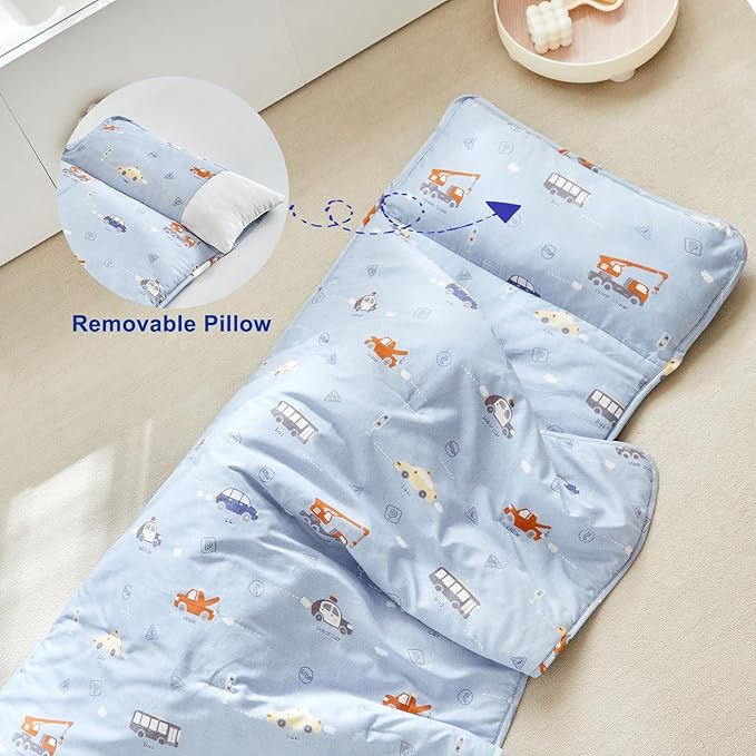 DuShow Cotton Toddler Nap Mat for Boys,Roll Up Slumber Bags Cars Pattern,Toddler Nap Mat with Removable Pillow and Blanket, Kids Sleeping Mat for Daycare,Preschool and Kindergarten-Blue