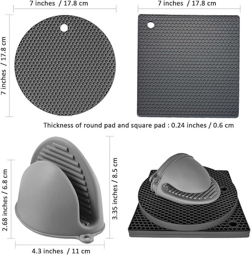 6PCS Silicone Oven Mitts and Pot Holders Sets - 2 x Pot Holders for Kitchen Heat Resistant, 2 x Silicone Trivet for Hot Dishes, 2 x Non-Slip Mini Oven Gloves, Grey