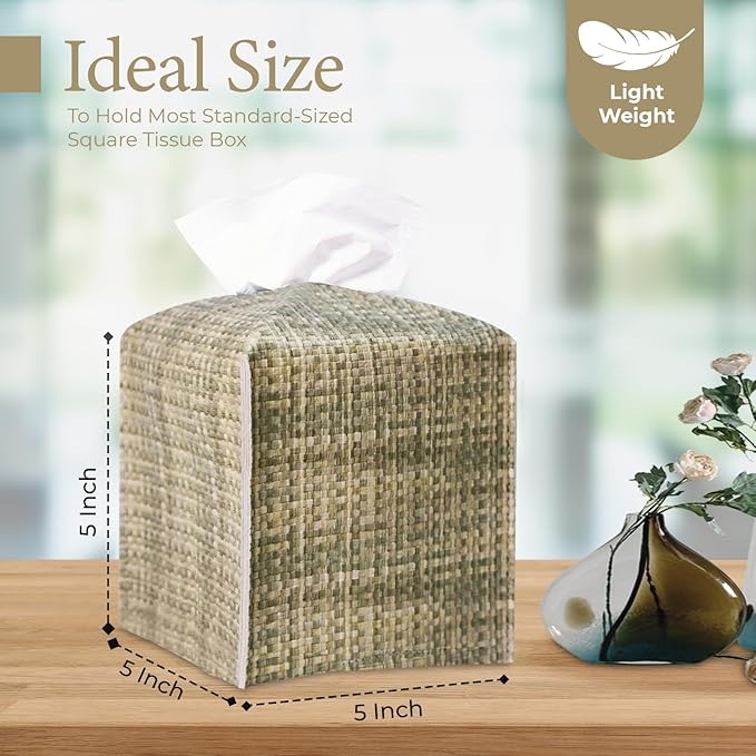 PU Leather Square Tissue Box Cover with Woven Pattern, Cube Tissue Box Holder with Bottom Belt, Perfect Decorative Organizer for Tabletop, Car, Office, Bathroom (Beige Olive Green)