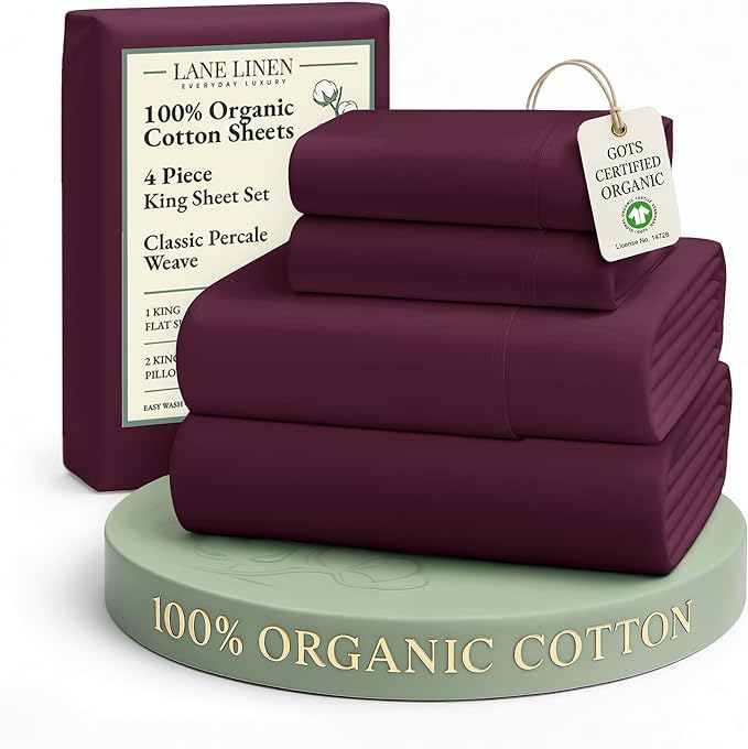LANE LINEN 100% Organic Cotton Sheets King Size, Machine Washable Fully Elasticized Low Pill Fade Resistant Cotton Sheets, Soft & Comfy Percale Eco Friendly sábanas King - Windsor Wine