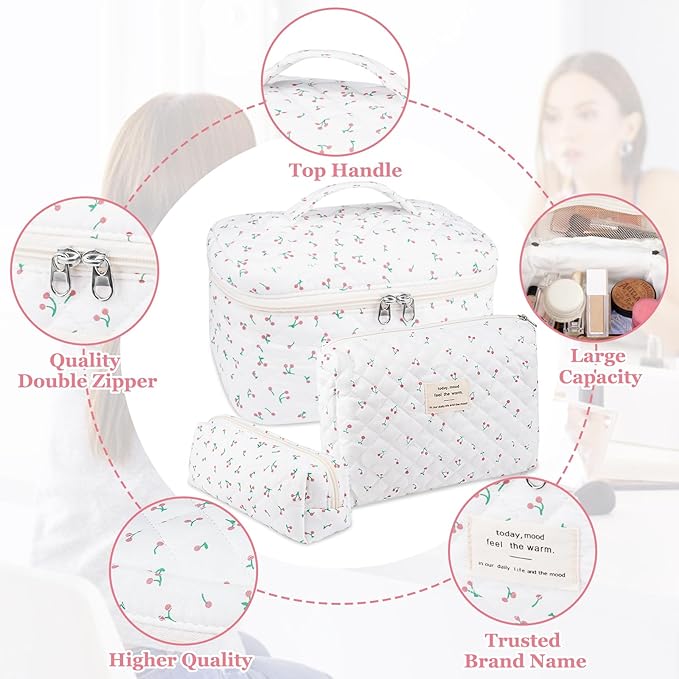 Gosect Large Makeup Bag Set, Quilted Makeup Bag, Floral Cosmetic Bag for Women, Cute Cotton Makeup Bags, Flower Travel Toiletry Organizer Bag (white)