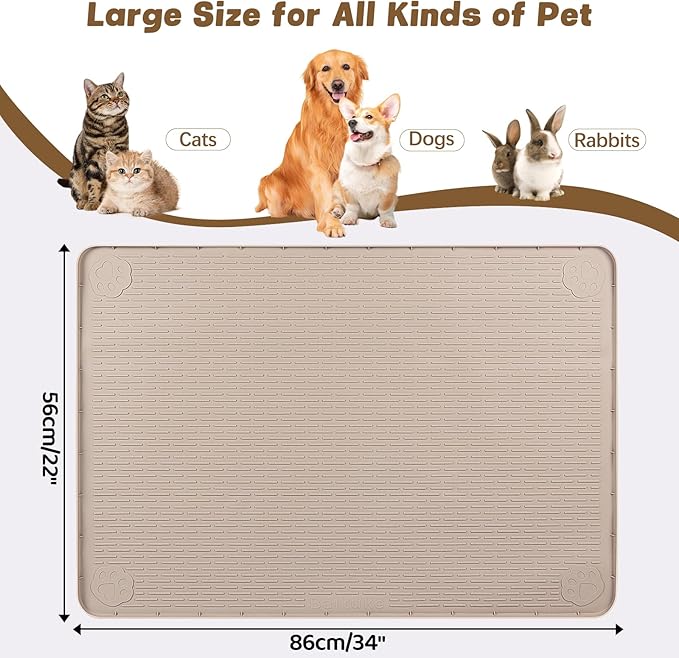 Bartuke Cat Food Mat, 34" x 22" Large Silicone Pet Feeding Mat for Food and Water Bowls Non-Slip, Easy to Clean (Beige)