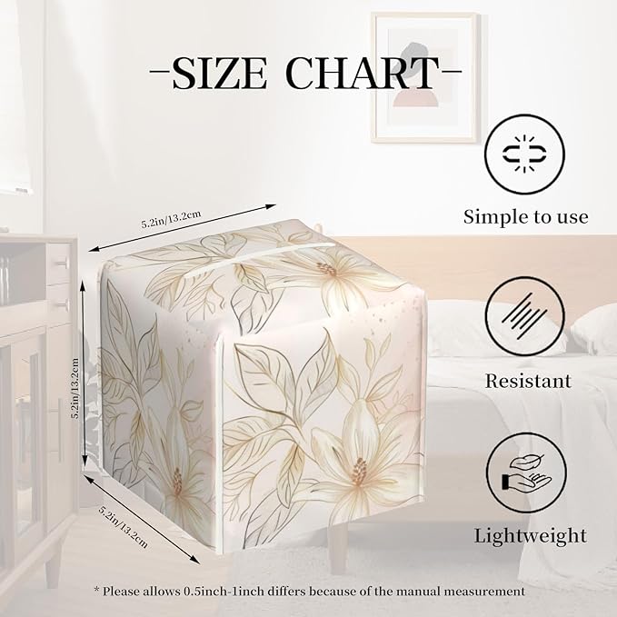 Tissue Box Cover,Pink Golden Boho Minimalist Flowers Pu Leather Square Tissue Box Cover Case Decorative Organizer for Bathroom Vanity Countertop Night Stands Office Desk & Car 5.2X5.2X5.2''