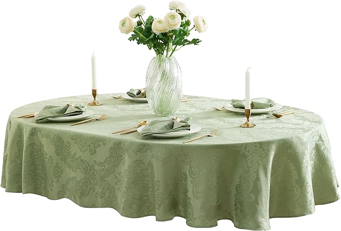 Newbridge Barcelona Damask Fabric Tablecloth, 60 x 144 Inch Rectangle, Sage Green – No Iron, Soil Resistant Table Cover for Dining, Parties and Holidays