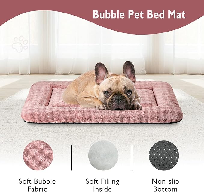 Yaning Dog Bed Mat Crate Pad for Medium Dogs, Washable Soft Pet Sleeping Mat Kennel Pad with 3D Bubble Pattern, Dusty Pink, 30"x 19"