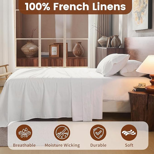 100% Linen Sheets King Size,Breathable & Durable 4-Piece Bed Flax Sheet Set,Soft All-Season Bedding for Hot Sleepers 16" Deep Pocket Oeko-TEX Certified,（King, White）