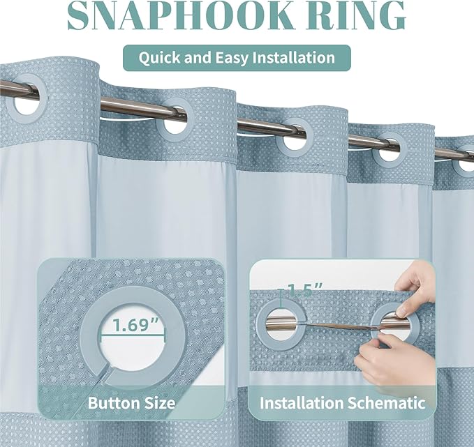 eachope Teal Extra Long No Hook Waffle Weave Shower Curtain with snap-in Liner Replacement, 230GSM Waterproof Fabric Hotel Shower Curtain Set for Bathroom, Through Mesh Top Window,71Wx86H
