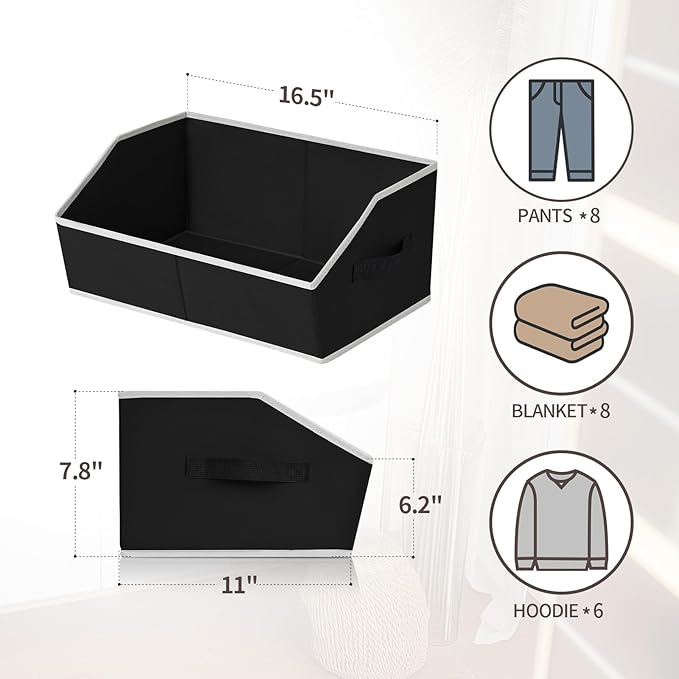 Homsorout Large Closet Organizers and Storage Bins - 3 Pack Trapezoid Storage Baskets for Shelves, Foldable Fabric Baskets with Handles Ideal for Closet, Basket, Wardrobe and Shelf Storage, Black