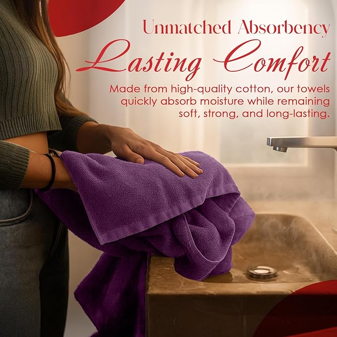 RIVERSIDE Pack of 8 Towels Set, 2 Large Bath, 2 Hand, 4 Face Washcloths, 100% Cotton Hotel Quality, Super Soft, Quick Dry, Highly Absorbent Perfect for Bathroom, Purple Passion