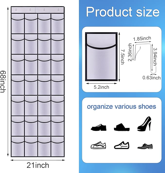 Teikou 28 Mesh Pockets Hanging Shoe Organizer, Over the Door Shoe Organizer，Closet Storage Holder for Back of Door Storage Holder for Back of Door(White)