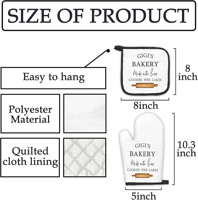 Gigi Gifts Oven Mitts and Pot Holders Sets, Gifts for Gigi from Grandkids Kitchen Decor Accessories Sets, Gigi Bakery Made with Love Heat Resistant Oven Glove Potholders for Kitchen Cooking