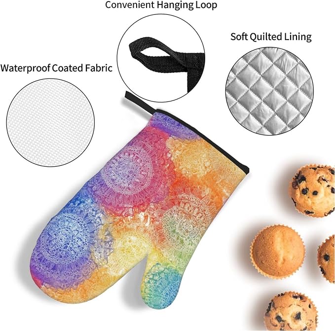 Oven Mitts and Pot Holders Sets of 4 Colorful Rainbow Mandala Pattern Kitchen Potholder Gloves Heat Resistant Non-Slip for Chef Baking Cooking Grilling BBQ Mittens