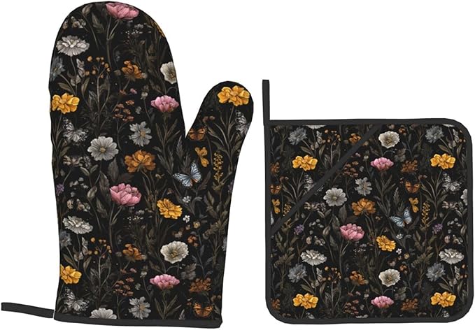 Oven Mitts and Pot Holders Sets of 4 Flower Butterfly Boho Botanical Kitchen Potholder Gloves Heat Resistant Non-Slip for Chef Baking Cooking Grilling BBQ Mittens