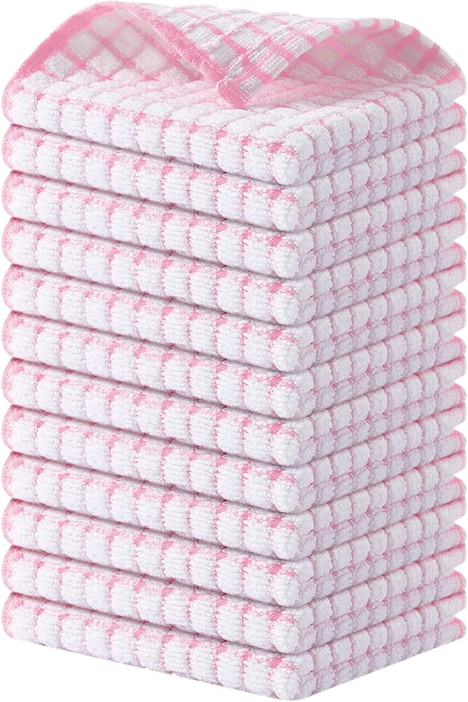 Kitinjoy Cotton 12 Pack Terry Kitchen Dish Cloths, 12 x 12 Inches Super Soft and Absorbent Dish Rags, Quick Drying Dish Towels for Washing Dishes, Pink
