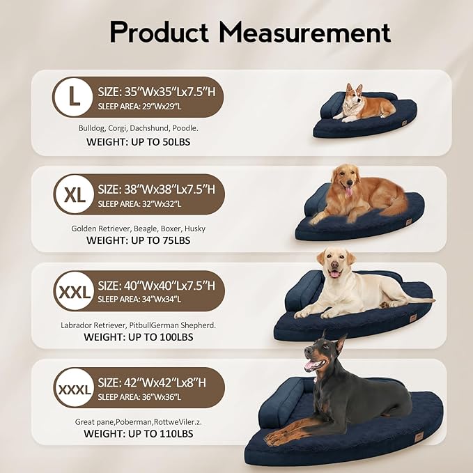 MEKIY Large Orthopedic Dog Bed with Sides Big Dog Beds with Removable Washable Cover Non-Slip Waterproof Pet Bed for Medium Large Dogs - Navy Blue L