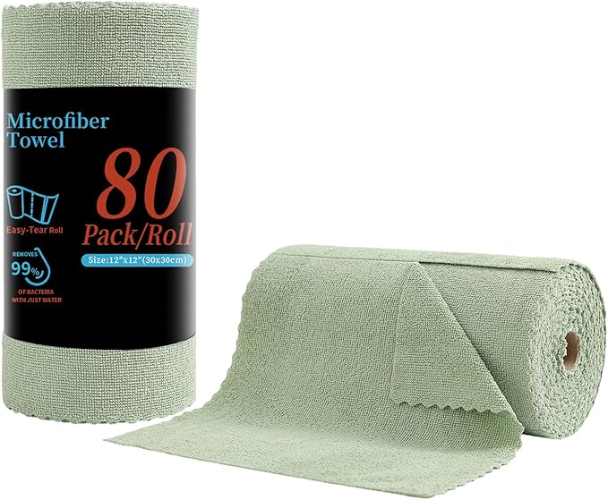 Tigona 80 Pack Microfiber Cleaning Cloth Roll,Lint Free Rags & Tear Away Reusable Towels Washable Scratch,Ultra Absorbent Dish Rags(12" x 12") for Car Kitchen Home Garage-Green