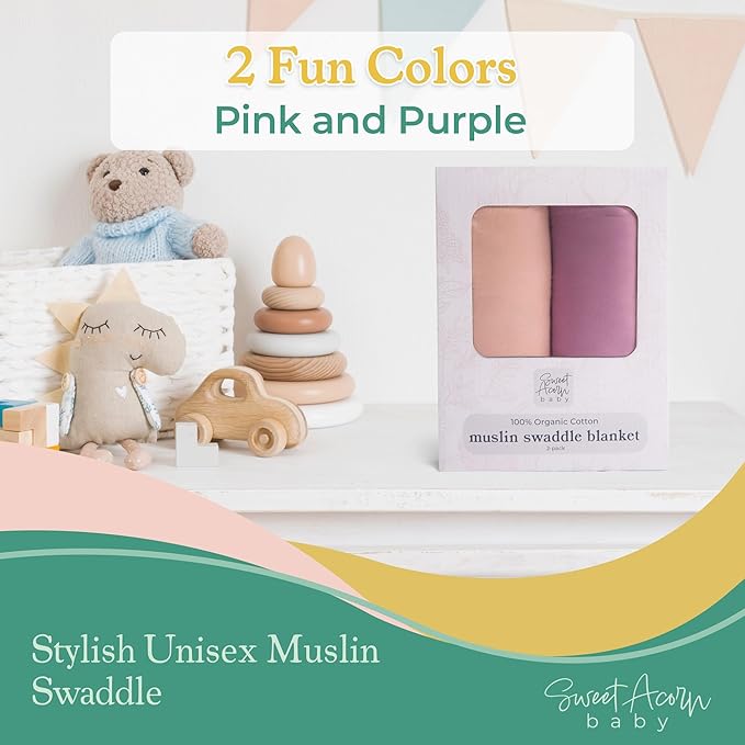 Sweet Acorn Muslin Swaddle Blanket – Soft Cotton Muslin Baby Blanket for Newborns, Infants, and Toddlers, All-Season Comfort Baby Essential - Pink, Purple